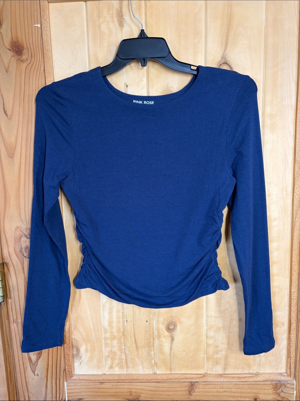 Pink Rose Navy Long Sleeve Side-Ruched Double Lined Tee